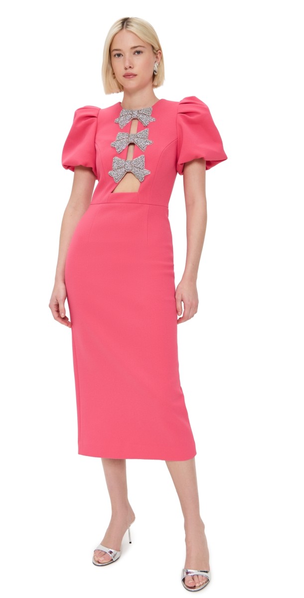 Rebecca Vallance Posey Puff Sleeve Midi Dress Rouge Red