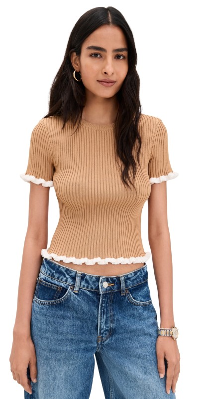 English Factory Ruffle Detailed Knit Top Camel