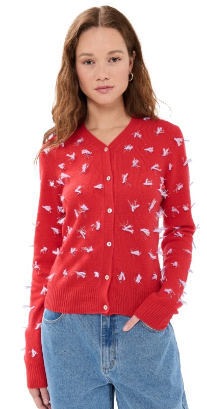 Lingua Franca V Neck Cardigan with Quilt Knots Flame
