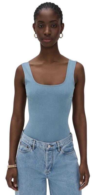 Commando Do It All Denim Squareneck Bodysuit Washed Indigo