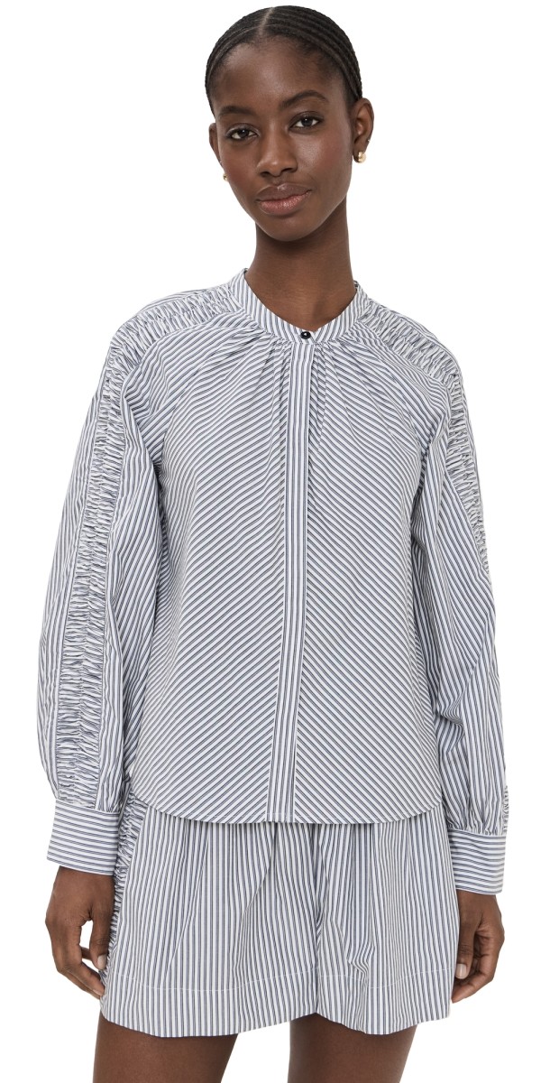 Merlette Tiana Ruched Blouse Navy Yarn Dyed Stripe