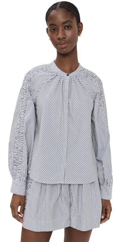 Merlette Tiana Ruched Blouse Navy Yarn Dyed Stripe