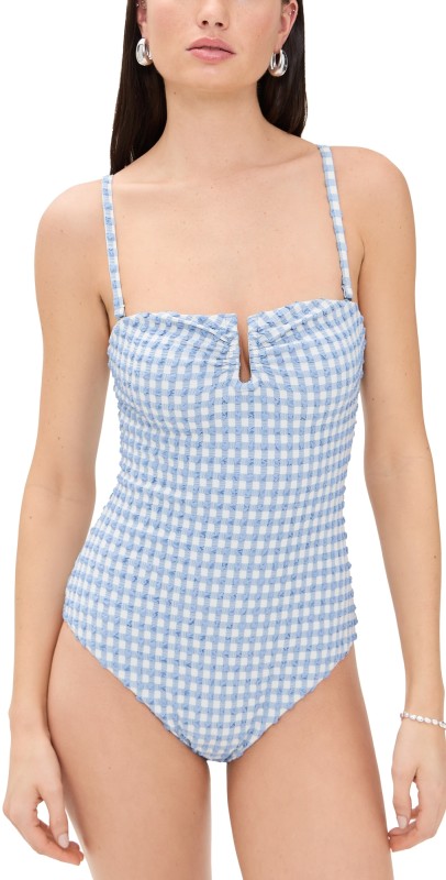 SIMKHAI Ottilie Strapless One Piece Blue Hydrangea Gingham