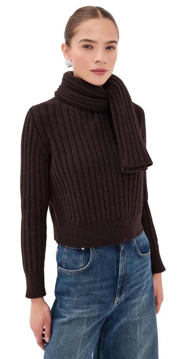 Brandon Maxwell The Ryan Ribbed Scarf Cashmere Sweater Chocolate Brown