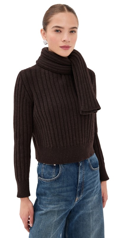 Brandon Maxwell The Ryan Ribbed Scarf Cashmere Sweater Chocolate Brown