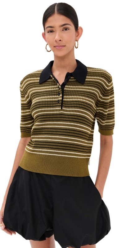 Róhe Striped Knitted Polo Multi Olive Stripe