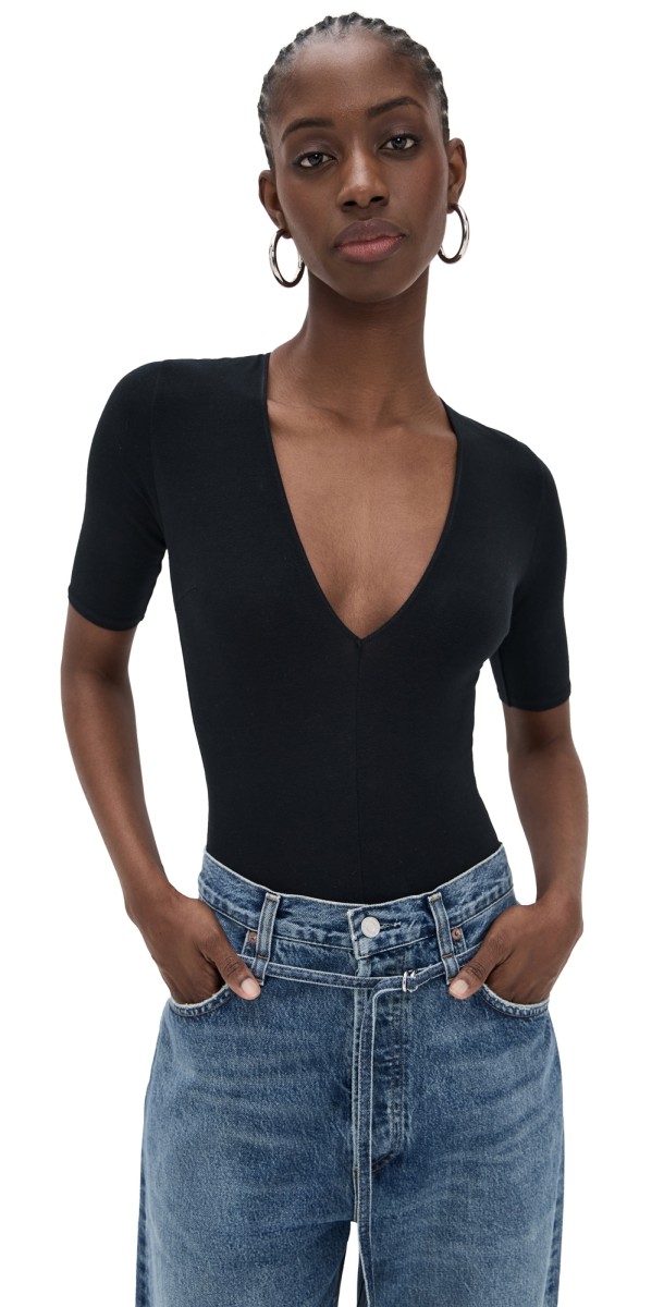 Fleur du Mal Cotton Deep V Thong Bodysuit Black