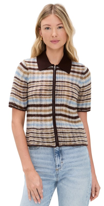 rag & bone Leva Short Sleeve Zip Sweater Ivory Multi