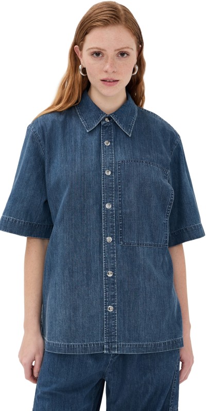 Tibi Summer Denim Classic Wash Camp Shirt Classic Blue