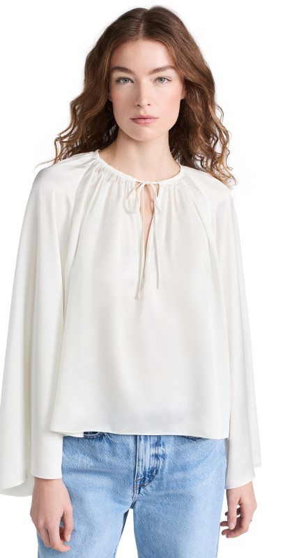 FRAME V Neck Shirred Blouse Cream