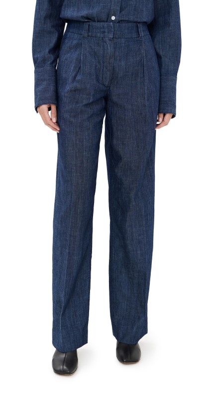 Another Tomorrow Chambray Relaxed Wide Leg Pants Dark Blue