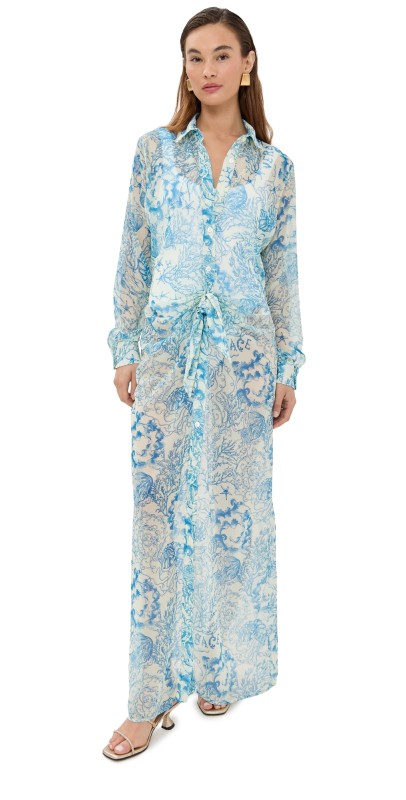 Versace Underwater Barocco Cover-Up Shirt Dress Eggshell/Bright DV Blue