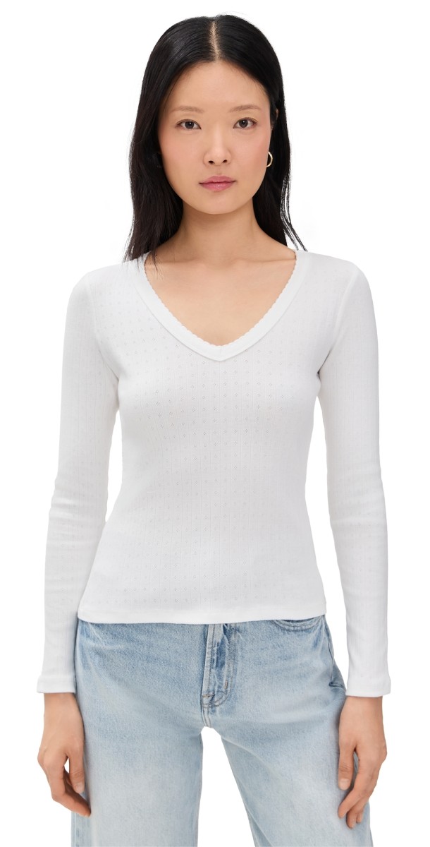 Marea Pointelle Long Sleeve V-Neck White
