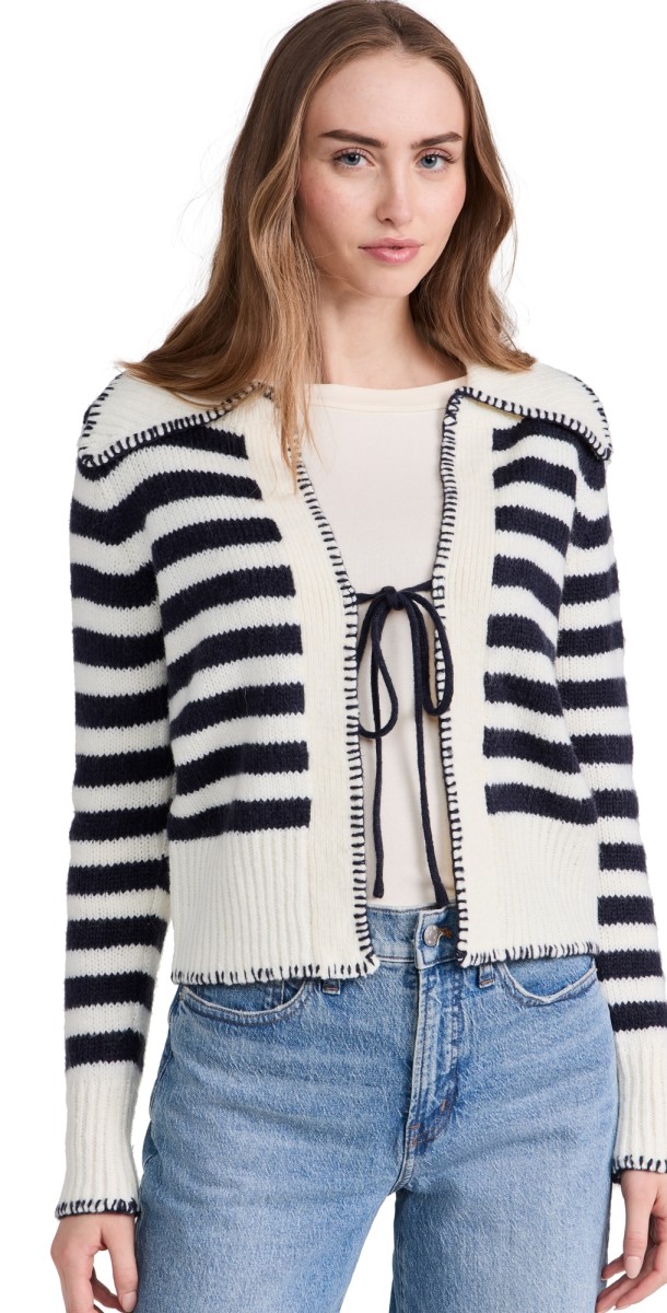 Moon River Tie Front Long Sleeve Sailor Knitted Cardigan Ivory