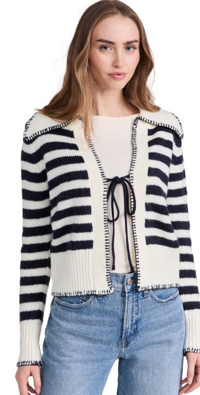 Moon River Tie Front Long Sleeve Sailor Knitted Cardigan Ivory