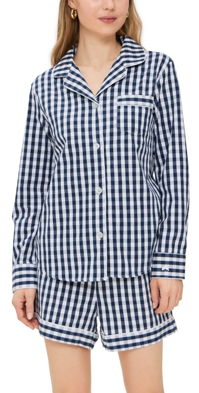 Petite Plume Gingham Long Sleeve Short Set Navy