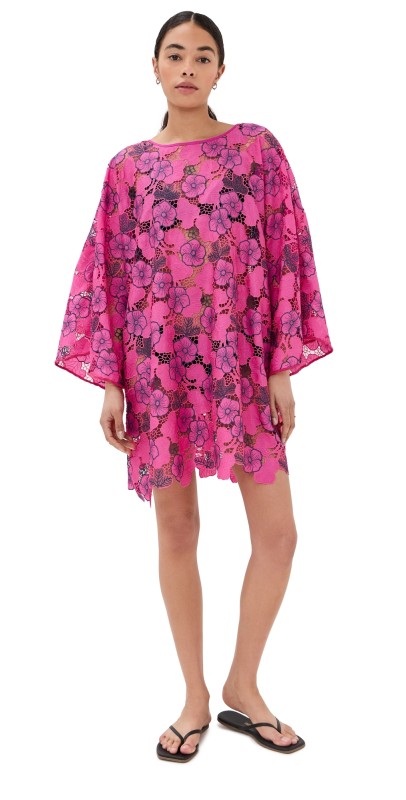 La Vie Style House Leafy Floral Lace Mini Tie Back Dress Magenta