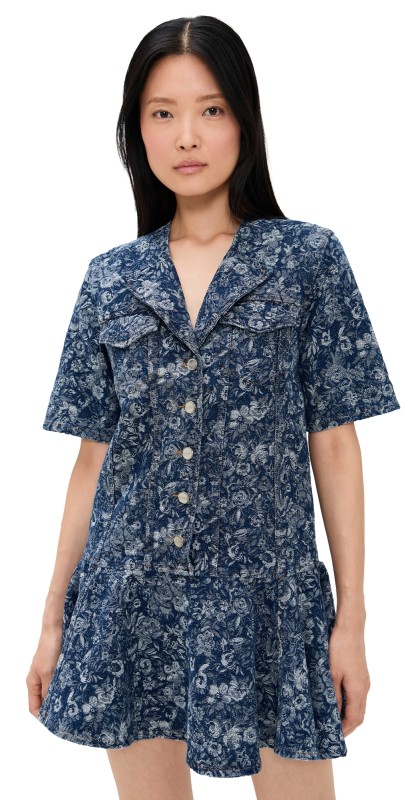 GANNI Tapestry Denim Mini Dress Mid Blue Stone