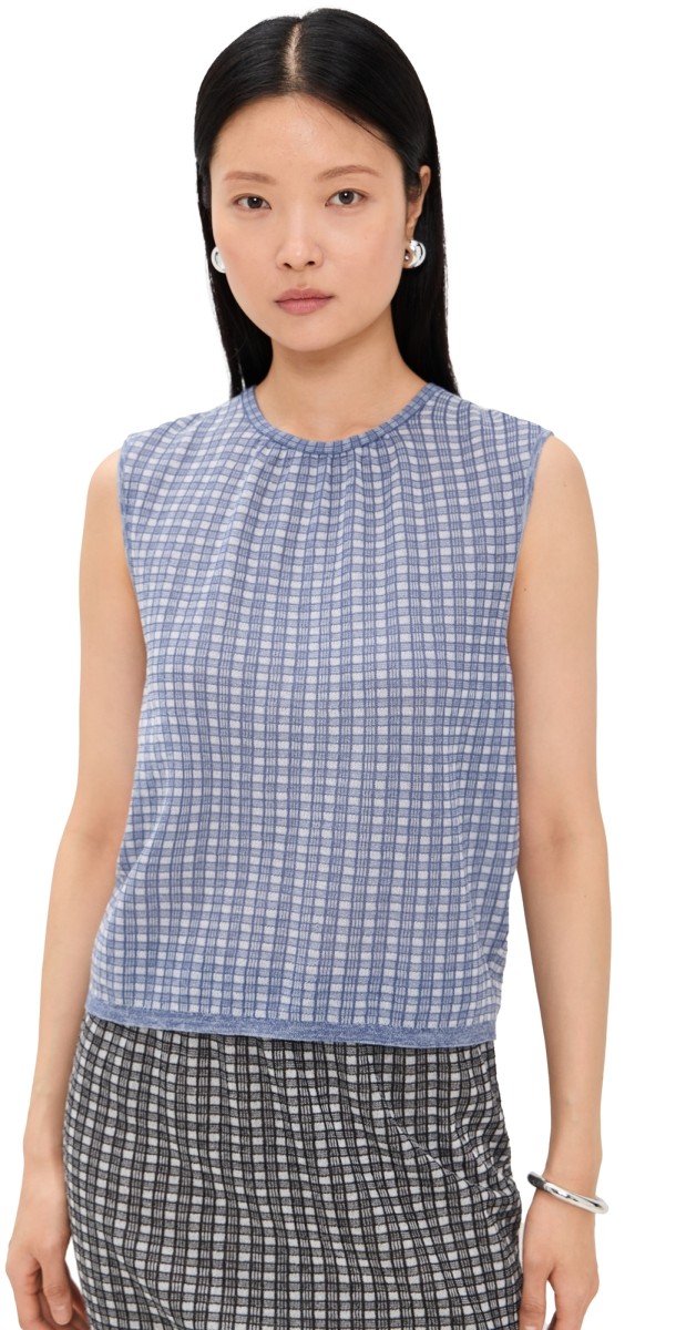 Proenza Schouler White Label Bradley Crewneck in Plaid Knit Off White/Denim