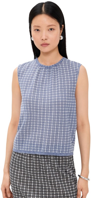 Proenza Schouler White Label Bradley Crewneck in Plaid Knit Off White/Denim