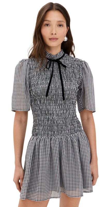 GANNI Sheer Fluid Check Mini Smock Dress Black