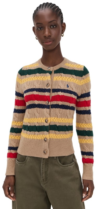 Polo Ralph Lauren Stripe Cable Cardigan Collection Camel Melange Multi