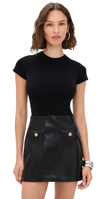 alice + olivia Sydney Vegan Leather A Line Dress With Pocket Detail Black