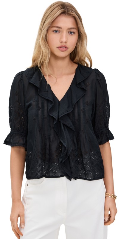 Madewell Pintucked Ruffled Puff Sleeve Top Jet Black