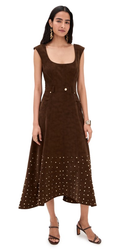 AMUR Kenny Suede Studded Midi Dress Toffee Swirl