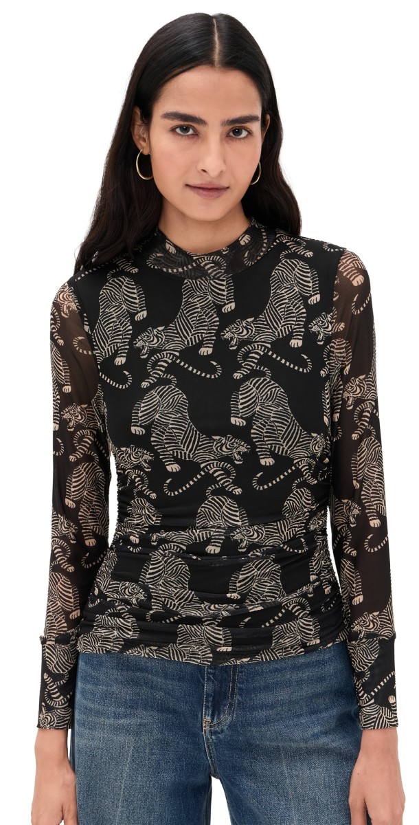 FARM Rio Striped Tigers Black Tulle Blouse Striped Tigers Black
