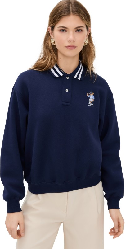RLX Ralph Lauren Novelty Bear Collared Pullover Sweatshirt Refined Navy