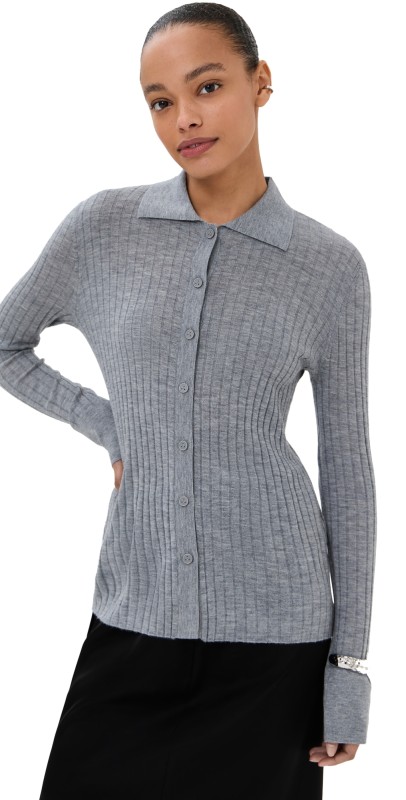 LISA YANG Cashmere Aria Cardigan Shirt Dark Mist