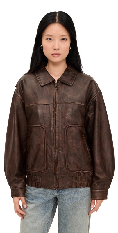 Joe's Jeans The Luca Leather Bomber Jacket Brown Distressed