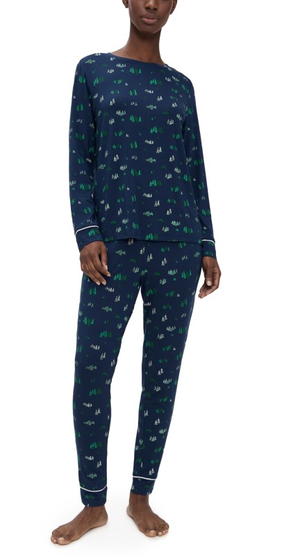 Eberjey Gisele Printed Crew Pajama Set Forest Pine Navy/Ivory