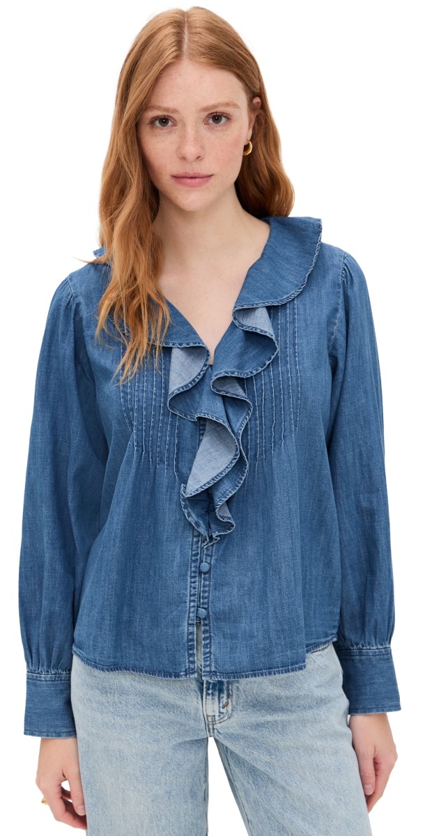 Madewell Denim Ruffled Pintuck Top Lambertville Wash