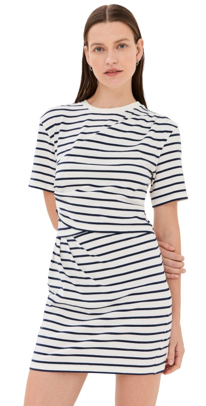 SIMKHAI Zeus Short Sleeve Draped T-Shirt Dress Midnight Stripe