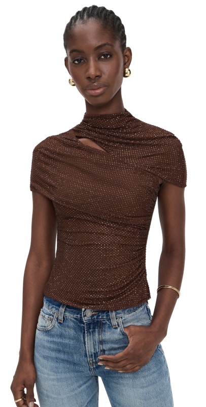 Self Portrait Rhinestone Mesh Cut Out Top Brown