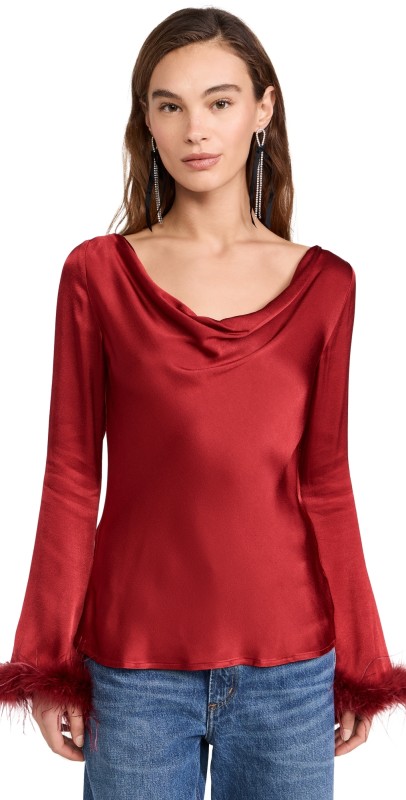 WAYF Cowl Neck Feather Trim Top Scarlet