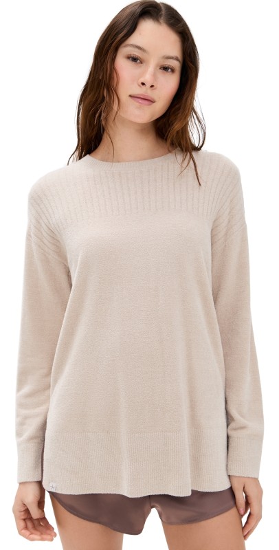 Barefoot Dreams Cozy Chick Ultralight Crewneck Sweater with High Slits Stone