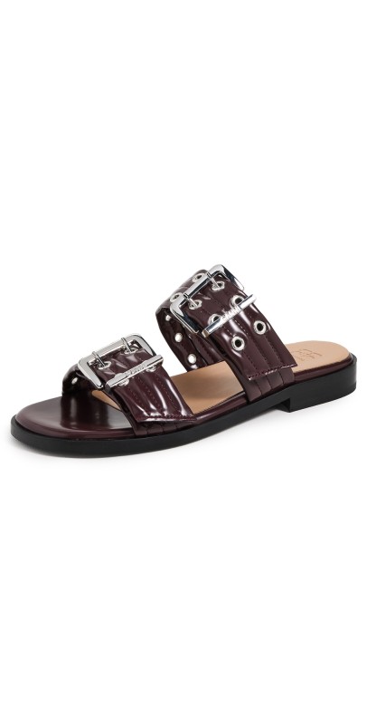 GANNI Buckle Two Strap Sandals Box Oleatex Tawny Port