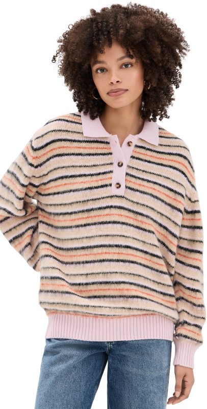 Stine Goya Long Sleeve Knit Polo Alpaca Cream Stripes