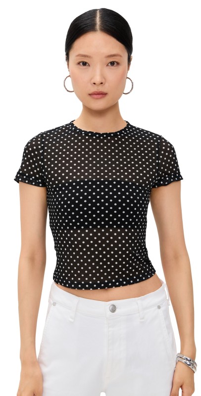 alice + olivia Tess Crew Neck Tee Black/Off White Polka Dot