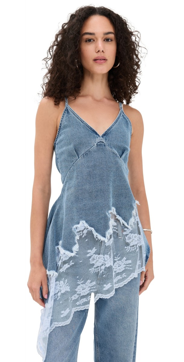 Marques'Almeida Asymmetric Lace Hem Denim Top Light Blue
