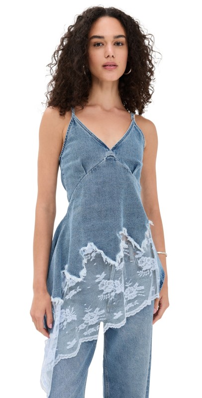 Marques'Almeida Asymmetric Lace Hem Denim Top Light Blue