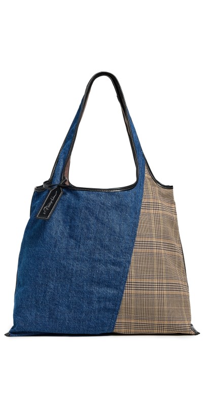 3.1 Phillip Lim Denim Plaid Combo Market Tote Indigo Mult