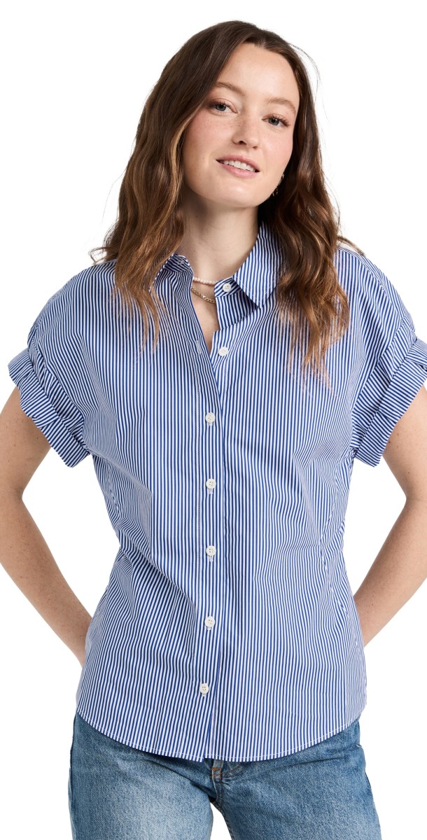 FRAME Button Down Rolled Sleeve Top Ultramarine Multi