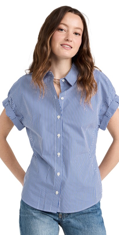 FRAME Button Down Rolled Sleeve Top Ultramarine Multi