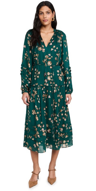 La Ligne Silk Dress With Shirring Petrol Floral