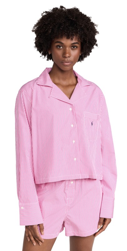 Polo Ralph Lauren Crop Top & Boxer Poplin Pajama Set Bengal Stripe in College Pink