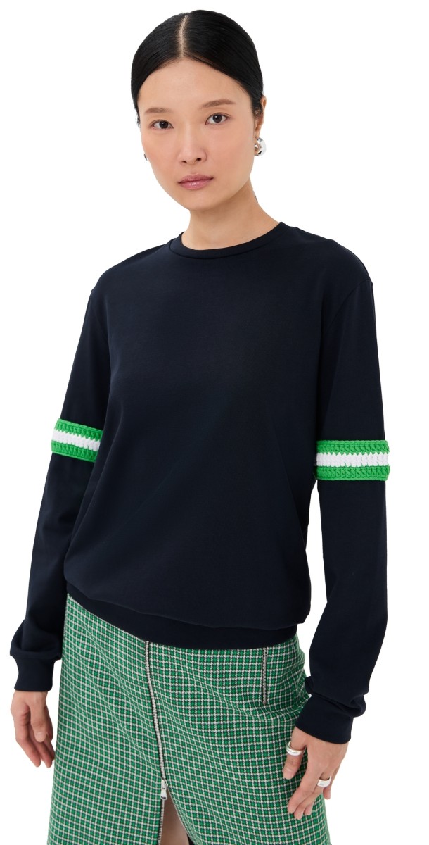 Tibi Sport Knit Crewneck T with Crochet Trim Navy